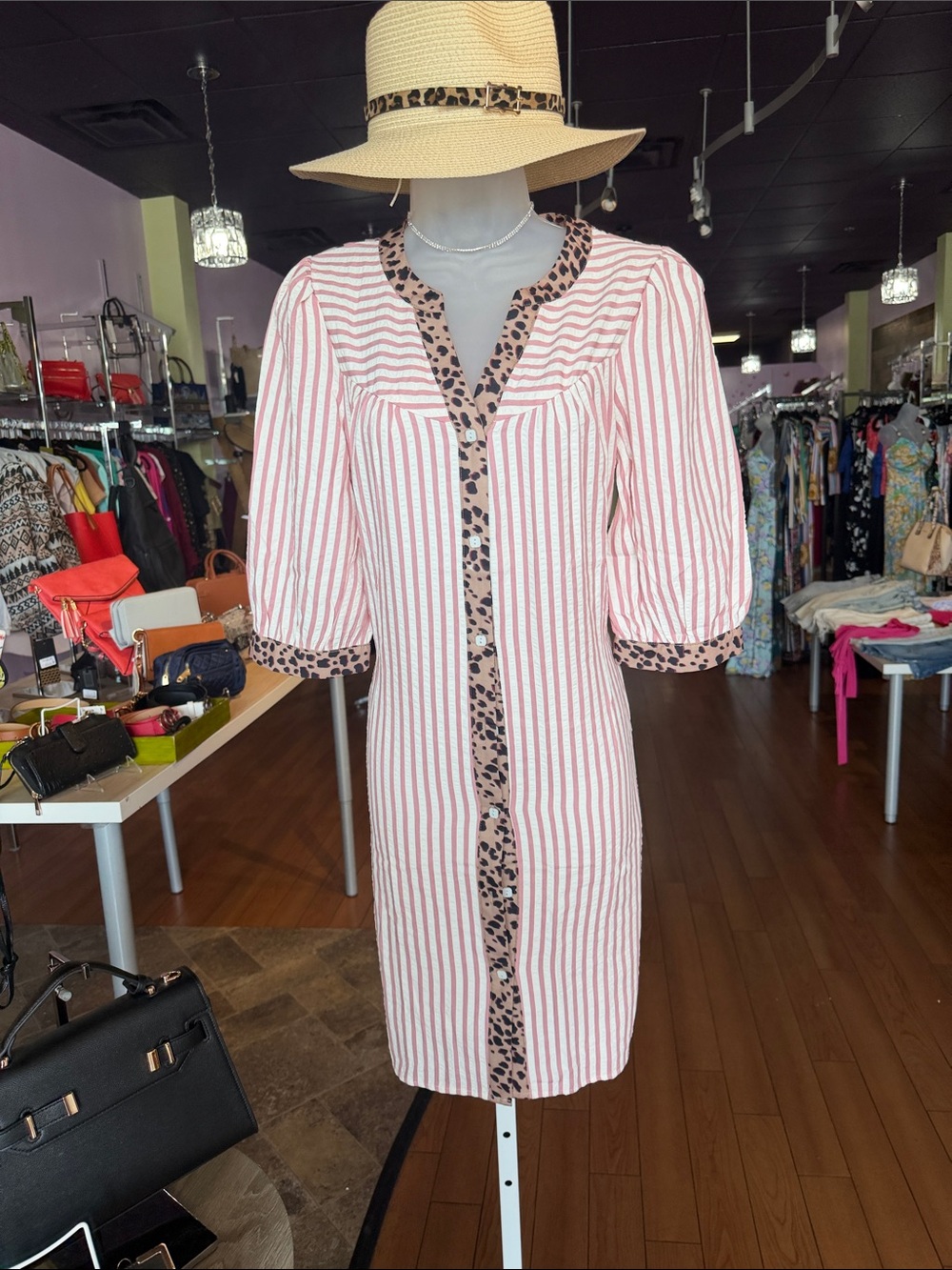Striped Pink and Cream Dress with Leopard Trim